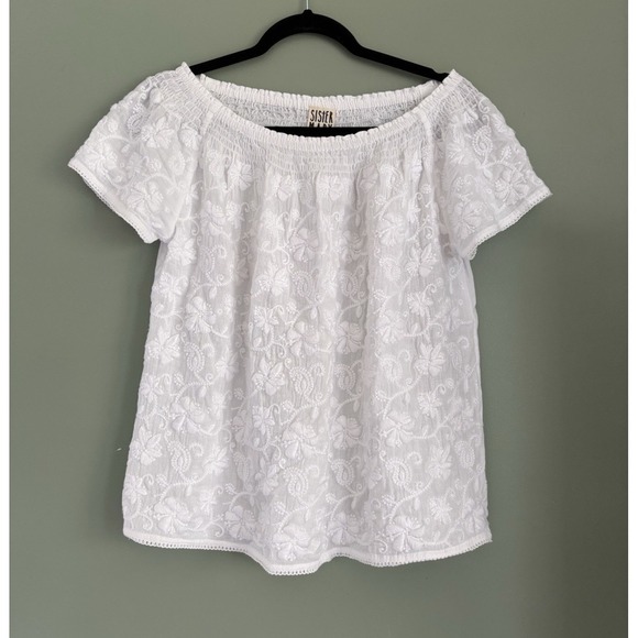 Sister Mary Tops - Sister Mary White Floral Lace Embroidered Off-Shoulder Short Sleeve Blouse XS